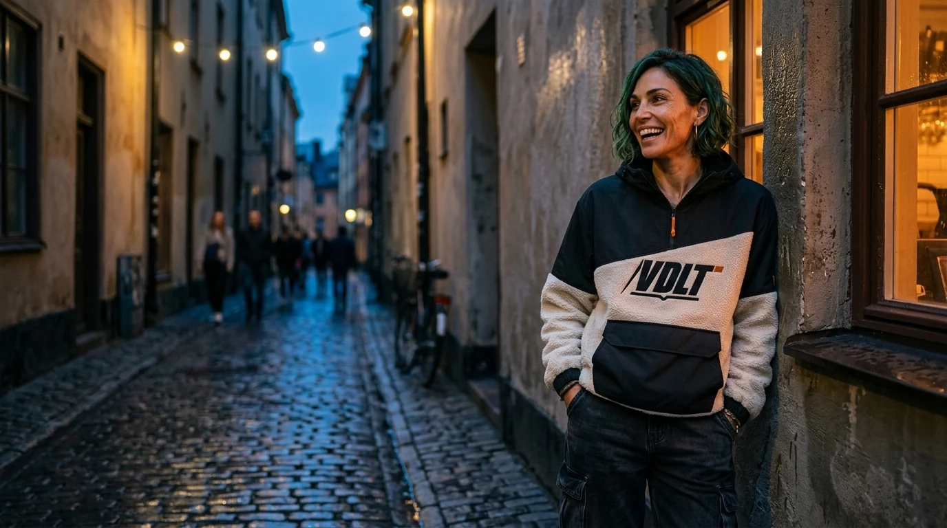 Mujer con el Anorak Cresta de VDLT apoyada en la pared de una calle empedrada al anochecer, junto a la ventana iluminada de un bar