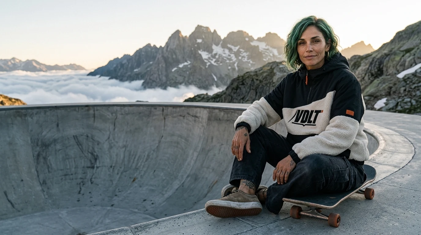 Mujer con el Anorak Cresta de VDLT sentada junto a su monopatín en una pista de skate de hormigón