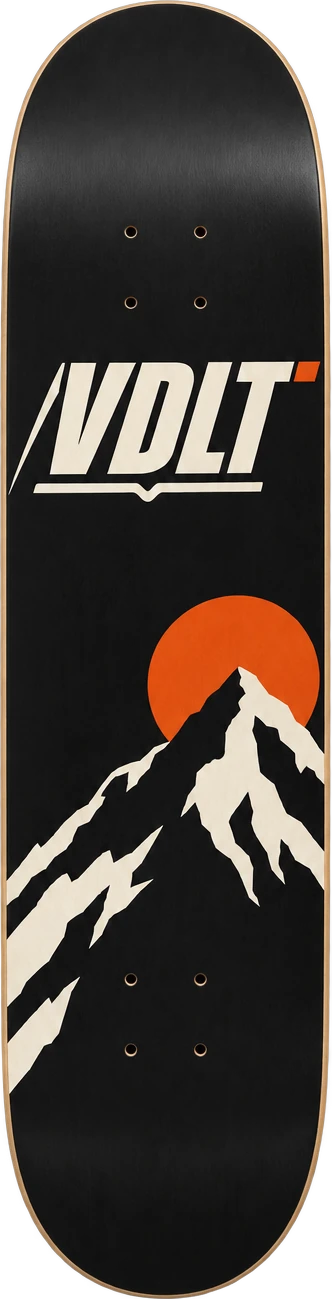 Tabla Cresta de VDLT, tabla de skate negra con una cresta de montaña y un sol naranja
